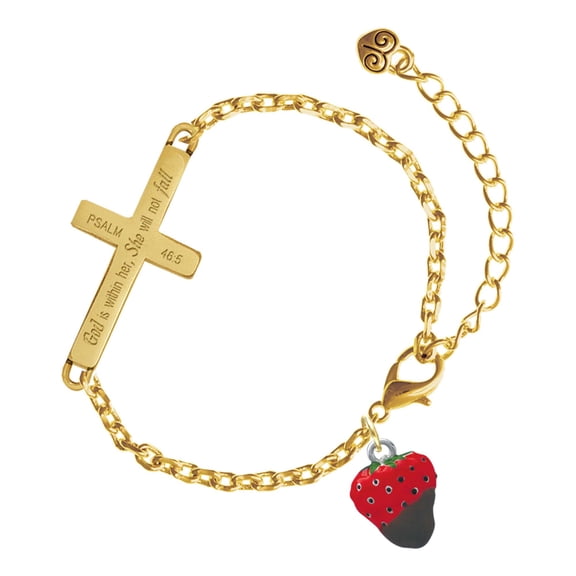 Delight Jewelry Silver-tone 3-D Chocolate Dipped Strawberry - Gold Tone Psalm 46:5 She will not fall Engraved Cross Charm Bracelet, 6.5+1.5" Extender