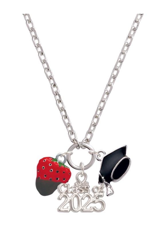 Silver-tone 3-D Chocolate Dipped Strawberry - Silver-tone Class of 2025 Graduation Zoey Necklace, 28"