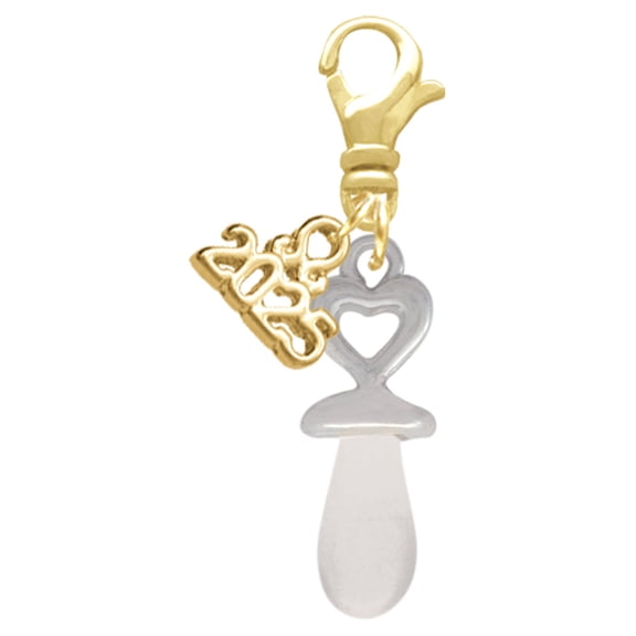 Delight Jewelry Silver-tone 3-D Clear Frosted Baby Pacifier - Gold-tone Clip on Charm with Mini Year 2025