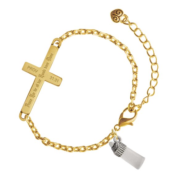 Delight Jewelry Silver-tone 3-D Clear Frosted Bottle - Gold Tone Proverbs 31:31 Praise Her for all Her Hands have Done Engraved Cross Charm Bracelet, 6.5+1.5" Extender