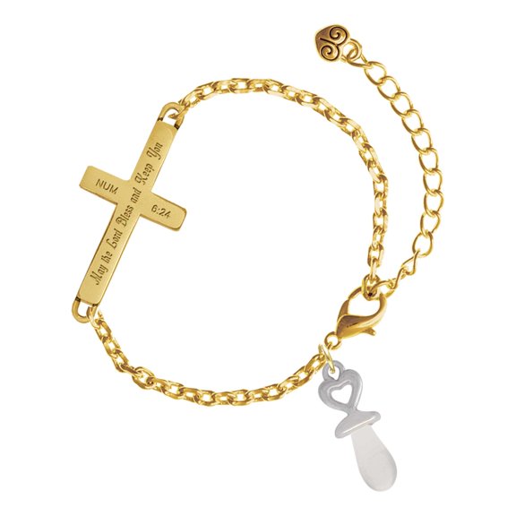 Delight Jewelry Silver-tone 3-D Clear Frosted Pacifier - Gold Tone Numbers 6:24 May the Lord Bless You Engraved Cross Charm Bracelet, 6.5+1.5" Extender