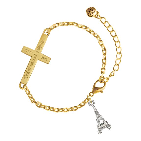 Delight Jewelry Silver-tone 3-D Eiffel Tower - Gold Tone Proverbs 31:25 She is Clothed with Strength and Dignity Engraved Cross Charm Bracelet, 6.5+1.5" Extender