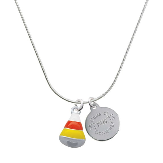 Delight Jewelry Silver-tone 3-D Enamel Candy Corn - Engraved Congrats Class of 2026 Charm Necklace, 18"
