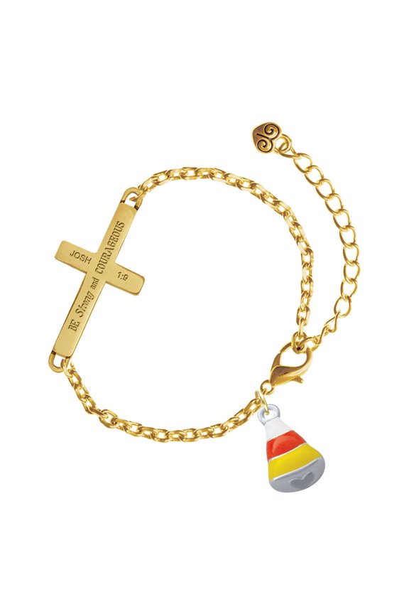Silver-tone 3-D Enamel Candy Corn - Gold Tone Joshua 1:9 Strong and Courageous Engraved Cross Charm Bracelet, 6.5+1.5" Extender