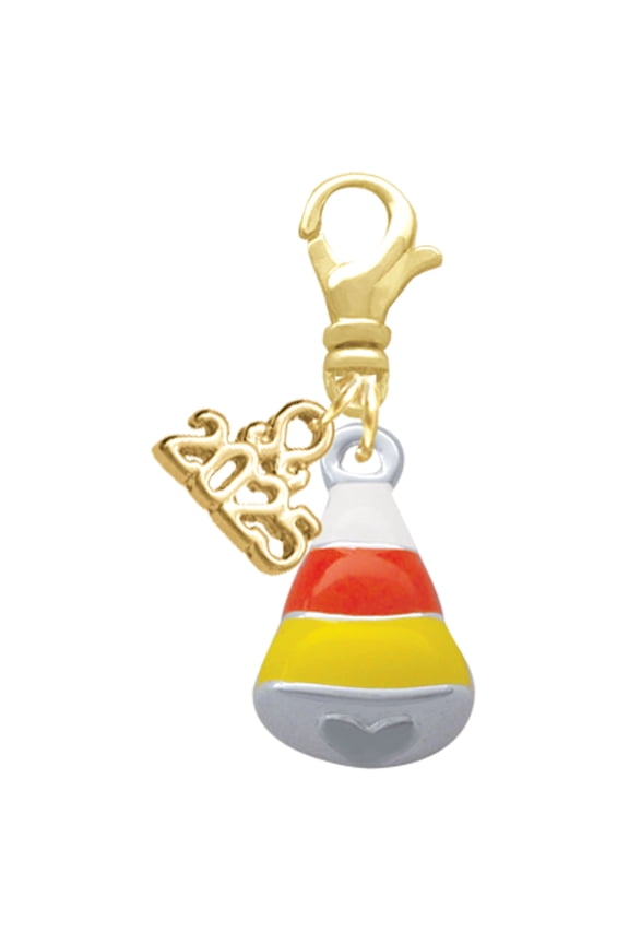 Silver-tone 3-D Enamel Candy Corn - Gold-tone Clip on Charm with Mini Year 2025