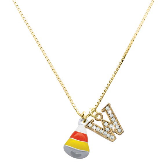 Delight Jewelry Silver-tone 3-D Enamel Candy Corn - Large Goldtone Crystal Initial - W - Charm Necklace, 17.5"+2"
