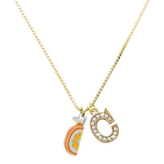 Delight Jewelry Silver-tone 3-D Enamel Orange Slice with a Large Goldtone Crystal Initial - C - Charm Necklace, 17.5"+2"