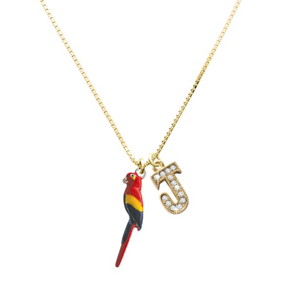 Delight Jewelry Silver-tone 3-D Enamel Parrot - Large Goldtone Crystal Initial - J - Charm Necklace, 17.5"+2"