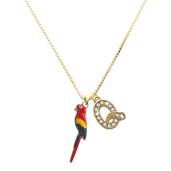 Delight Jewelry Silver-tone 3-D Enamel Parrot - Large Goldtone Crystal Initial - Q - Charm Necklace, 17.5"+2"