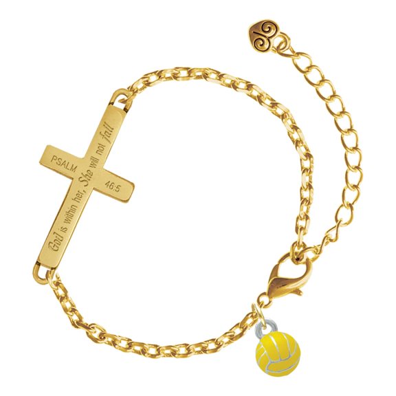 Delight Jewelry Silver-tone 3-D Enamel Water Polo - Gold Tone Psalm 46:5 She will not fall Engraved Cross Charm Bracelet, 6.5+1.5" Extender