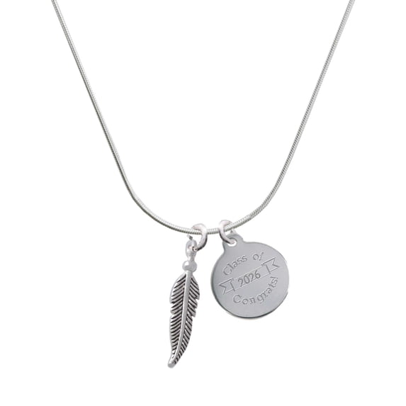 Delight Jewelry Silver-tone 3-D Feather - Engraved Congrats Class of 2026 Charm Necklace, 18"