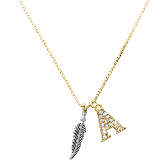 Delight Jewelry Silver-tone 3-D Feather - Large Goldtone Crystal Initial - A - Charm Necklace, 17.5"+2"