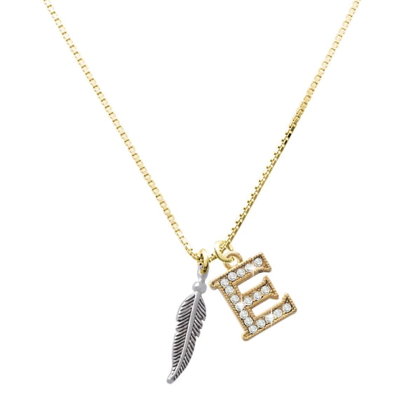 Delight Jewelry Silver-tone 3-D Feather with Large Goldtone Crystal Initial E Charm Necklace, 17.5"+2"