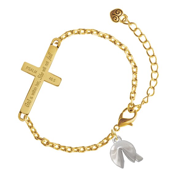 Delight Jewelry Silver-tone 3-D Fortune Cookie - Gold Tone Psalm 46:5 She will not fall Engraved Cross Charm Bracelet, 6.5+1.5" Extender