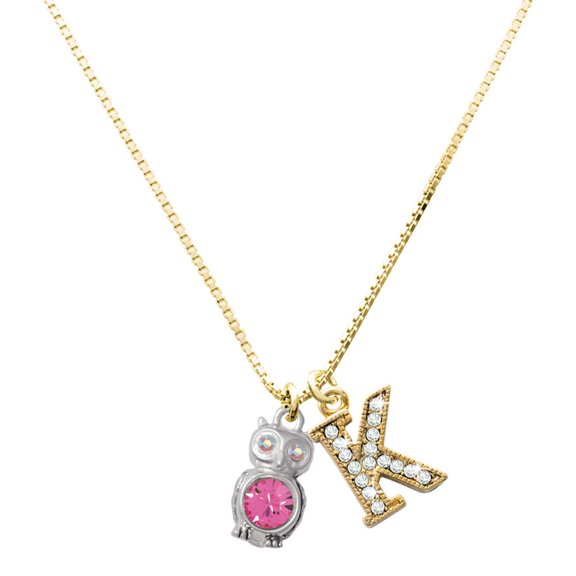 Delight Jewelry Silver-tone 3-D Hot Pink & AB Crystal Owl Charm and Goldtone Crystal Initial K Charm Necklace, 17.5"+2"