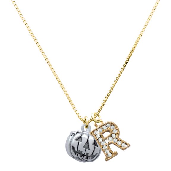 Delight Jewelry Silver-tone 3-D Large Jack O' Lantern with Leaves - Large Goldtone Crystal Initial - R - Charm Necklace, 17.5"+2"