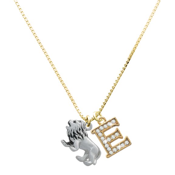 Delight Jewelry Silver-tone 3-D Lion - Large Goldtone Crystal Initial - E - Charm Necklace, 17.5"+2"