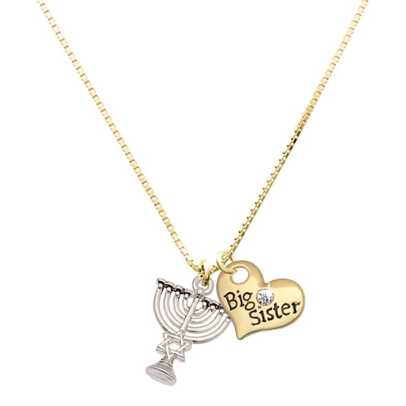 Delight Jewelry Silver-tone 3-D Menorah - Large Goldtone Big Sister Heart Charm Necklace, 17.5"+2" Extender