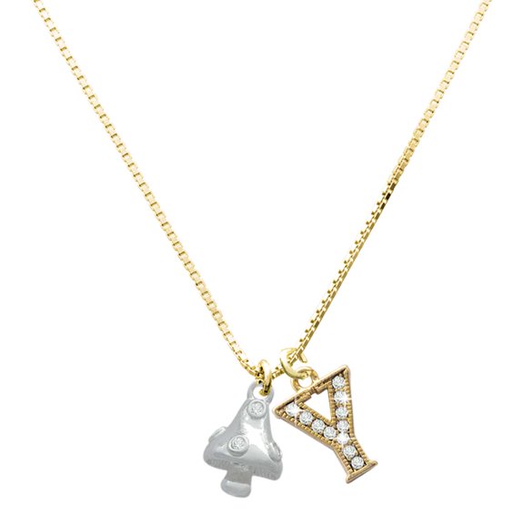 Delight Jewelry Silver-tone 3-D Mushroom with Clear Crystals - Large Goldtone Crystal Initial - Y - Charm Necklace, 17.5"+2"