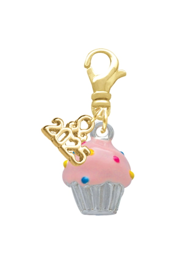 Silver-tone 3-D Pink Cupcake with Sprinkles - Gold-tone Clip on Charm with Mini Year 2025