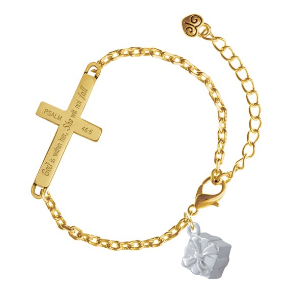Delight Jewelry Silver-tone 3-D Present Box with Bow and Crystal - Gold Tone Psalm 46:5 She will not fall Engraved Cross Charm Bracelet, 6.5+1.5" Extender