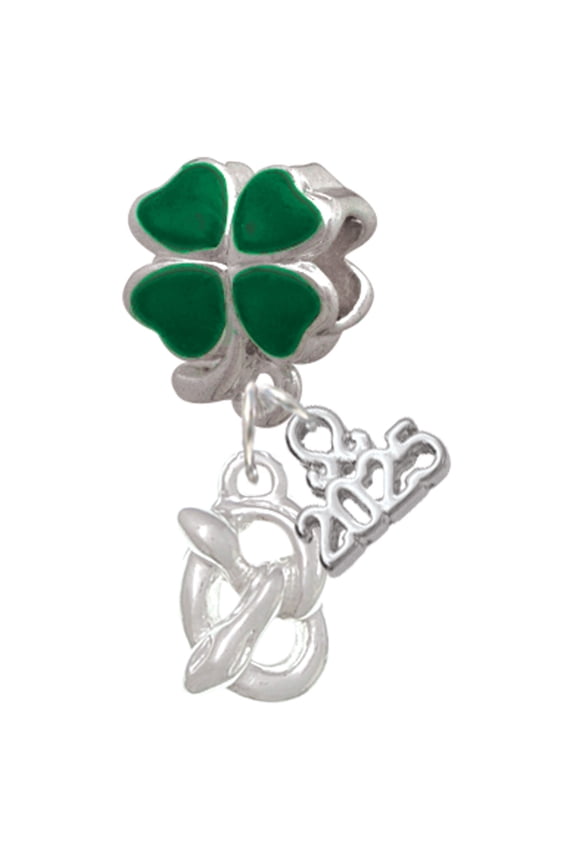 Silver-tone 3-D Pretzel - Good Luck Green Four Leaf Clover Charm Bead Dangle with Mini 2025