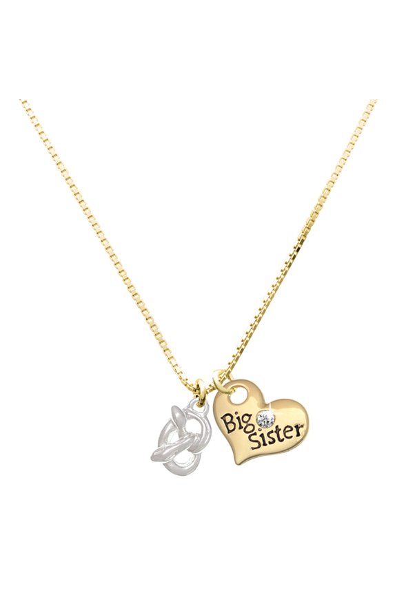Silver-tone 3-D Pretzel - Large Goldtone Big Sister Heart Charm Necklace, 17.5"+2" Extender