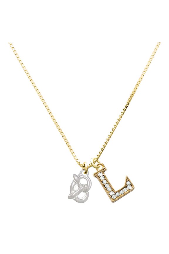 Silver-tone 3-D Pretzel - Large Goldtone Crystal Initial - L - Charm Necklace, 17.5"+2"