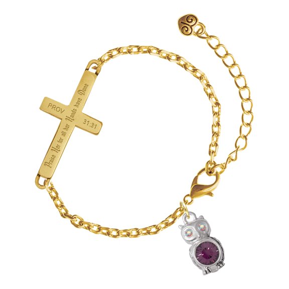 Delight Jewelry Silver-tone 3-D Purple & AB Crystal Owl - Gold Tone Proverbs 31:31 Praise Her for all Her Hands have Done Engraved Cross Charm Bracelet, 6.5+1.5" Extender