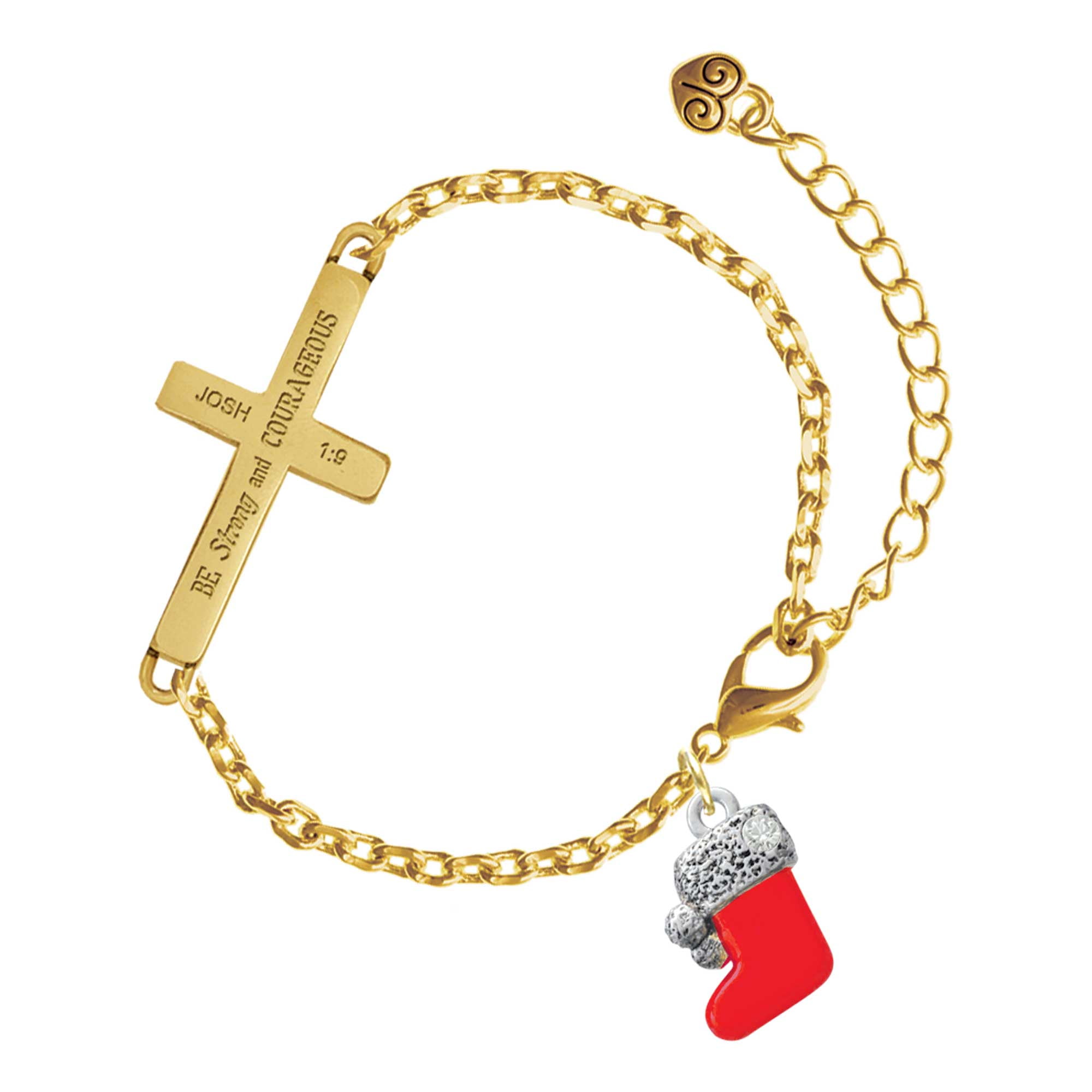 Delight Jewelry Silver-tone 3-D Red Christmas Stocking - Gold Tone Joshua 1:9 Strong and Courageous Engraved Cross Charm Bracelet, 6.5+1.5" Extender