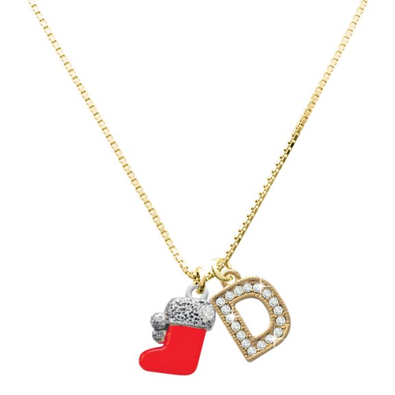 Delight Jewelry Silver-tone 3-D Red Christmas Stocking - Large Goldtone Crystal Initial - D - Charm Necklace, 17.5"+2"