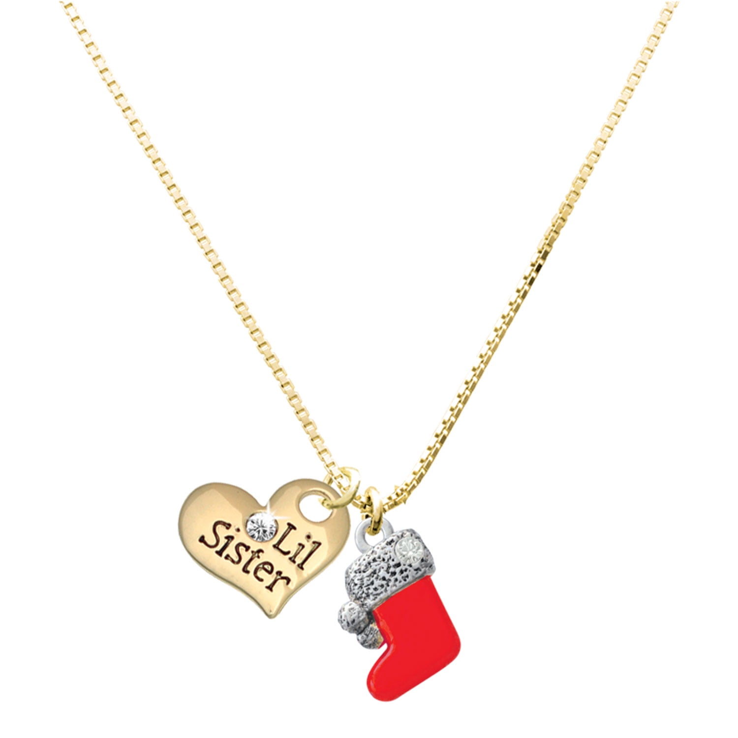 Delight Jewelry Silver-tone 3-D Red Christmas Stocking - Large Goldtone Lil Sister Heart Charm Necklace, 17.5"+2" Extender