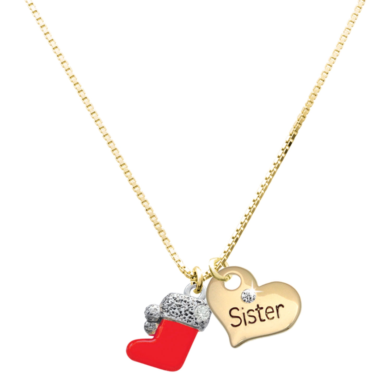 Delight Jewelry Silver-tone 3-D Red Christmas Stocking - Large Goldtone Sister Heart Charm Necklace, 17.5"+2" Extender