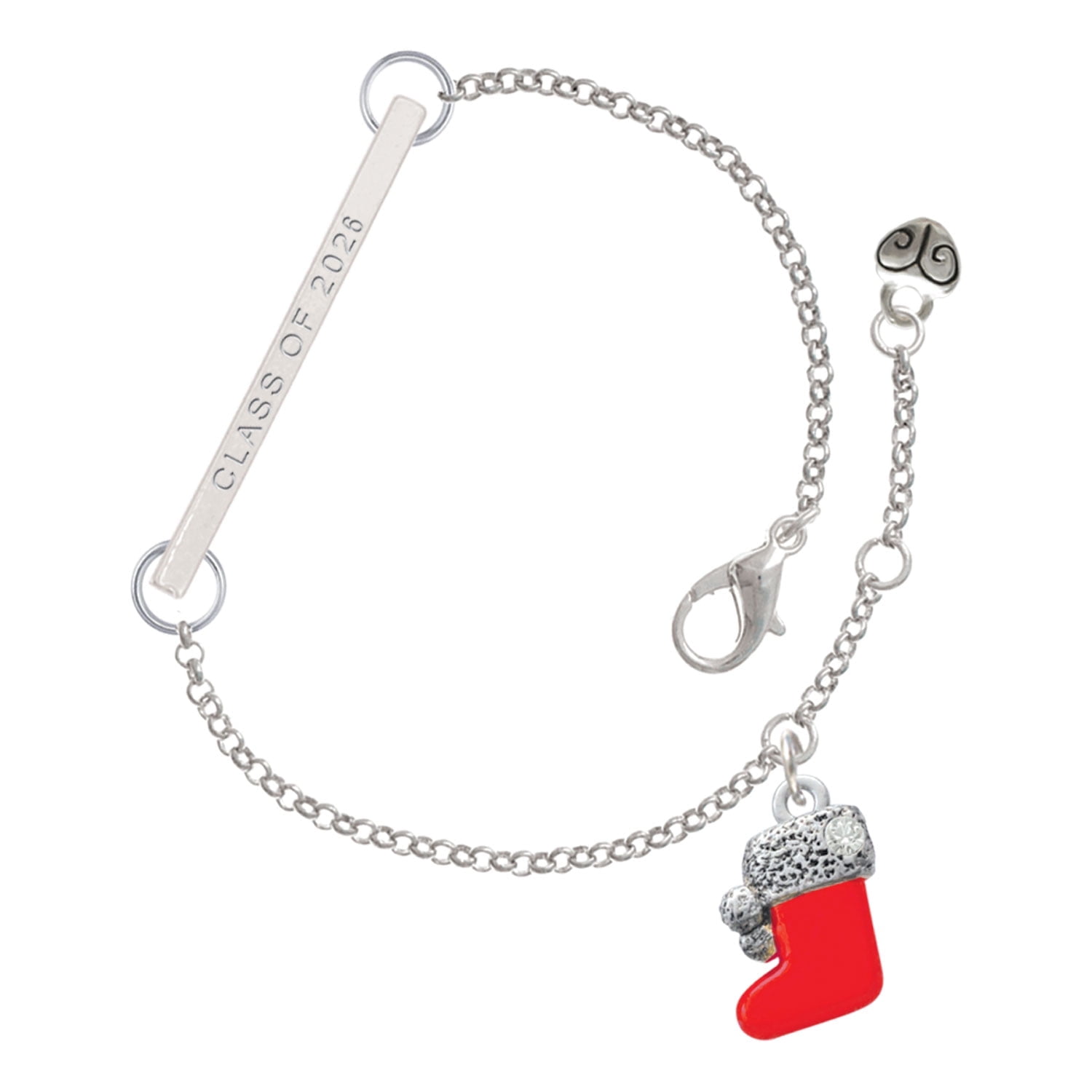 Delight Jewelry Silver-tone 3-D Red Christmas Stocking - Silvertone Class of 2026 Delicate Bar Bracelet, 8.5"