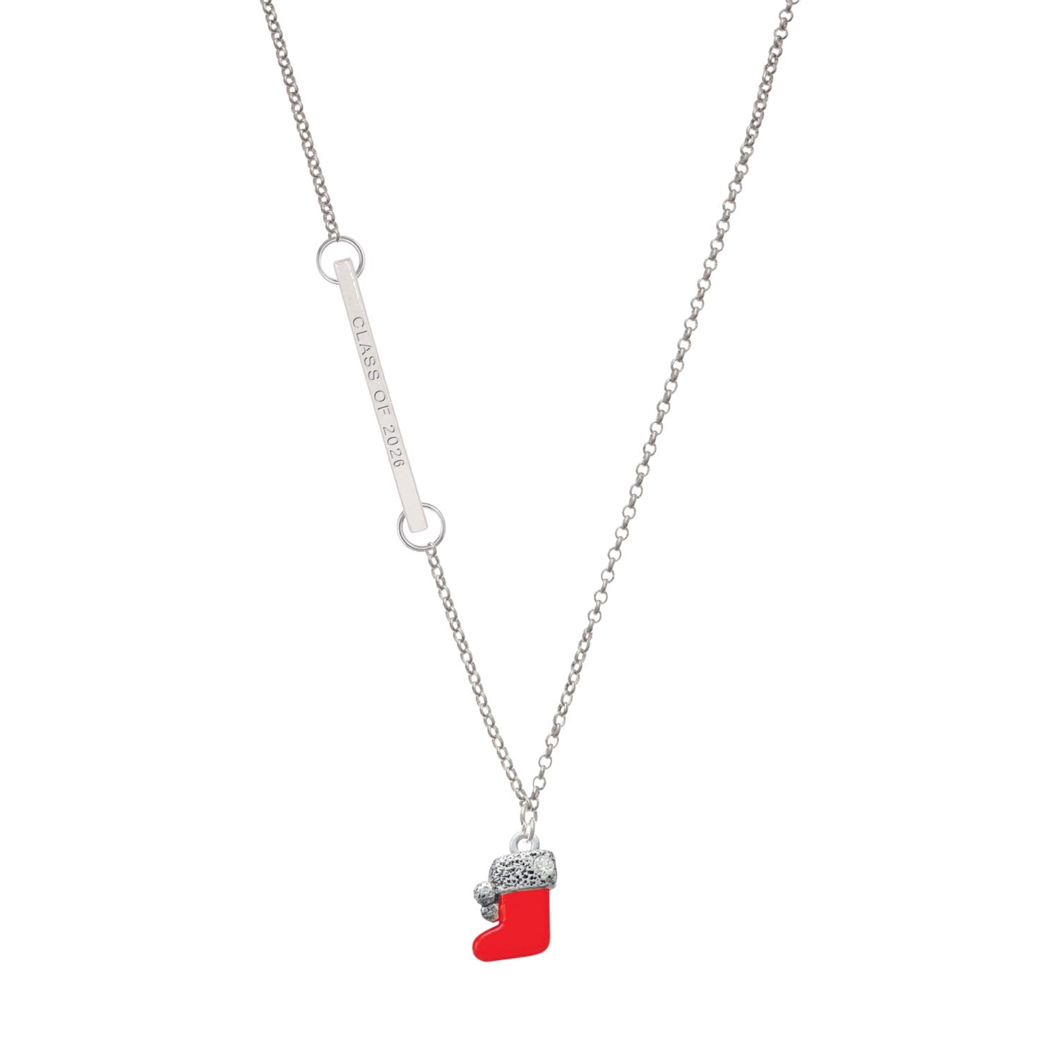 Delight Jewelry Silvertone Class of 2026 Delicate Bar Necklace, featuring 3-D Red Christmas Stocking Charm, 18.75"