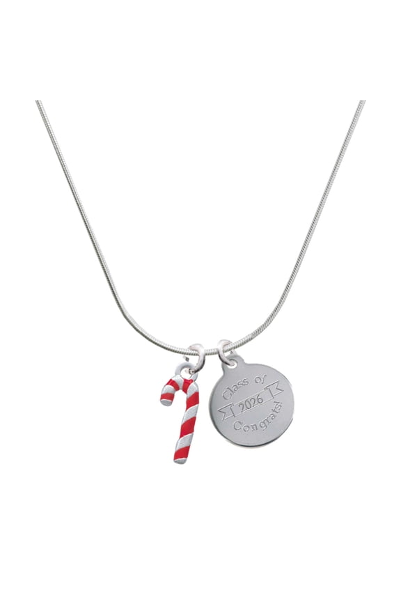 Silver-tone 3-D Red Enamel Candy Cane - Engraved Congrats Class of 2026 Charm Necklace, 18"