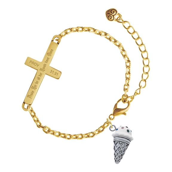 Delight Jewelry Silver-tone 3-D Resin Vanilla Ice Cream Cone with Crystals - Gold Tone Proverbs 31:31 Praise Her for all Her Hands have Done Engraved Cross Charm Bracelet, 6.5+1.5" Extender