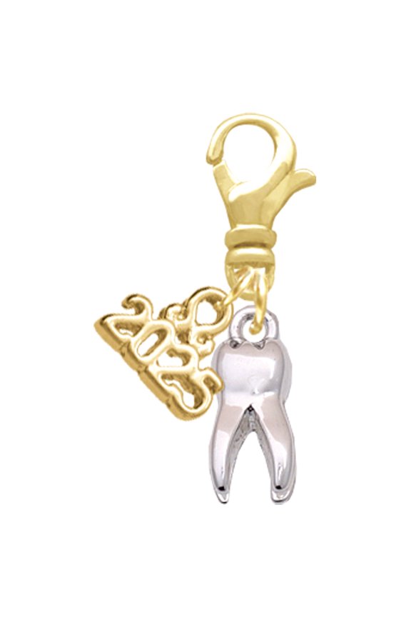 Silver-tone 3-D Tooth - Gold-tone Clip on Charm with Mini Year 2025