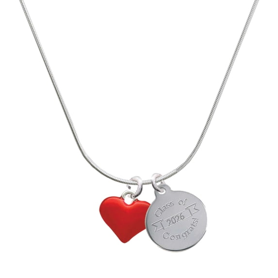 Delight Jewelry Silver-tone 3-D Translucent Red Puff Heart - Engraved Congrats Class of 2026 Charm Necklace, 18"