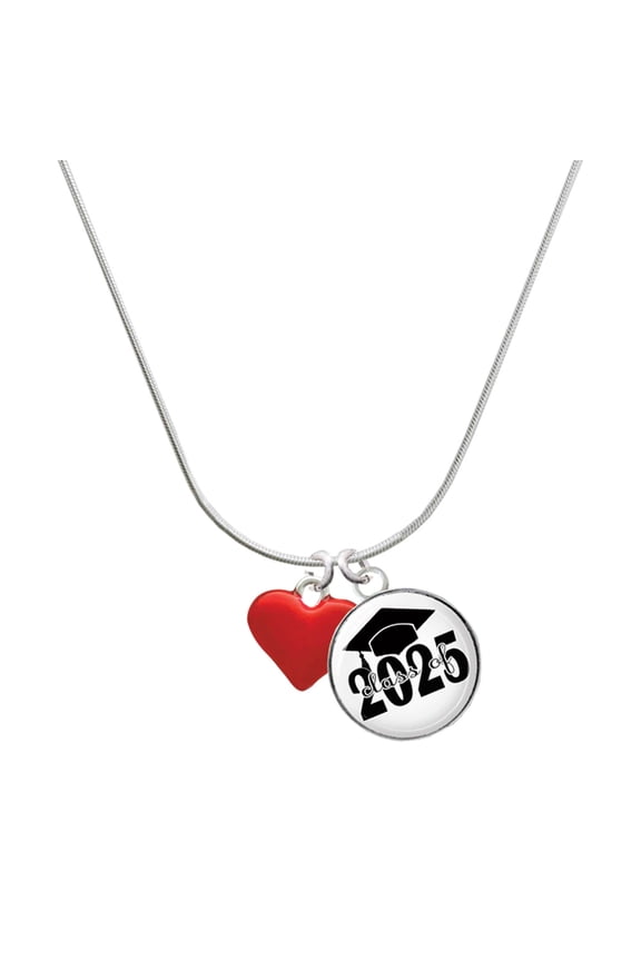 Silver-tone 3-D Translucent Red Puff Heart - Script Class of 2025 Dome Charm Necklace, 18"