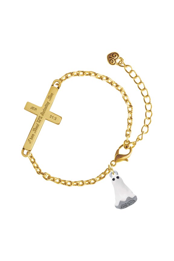 Silver-tone 3-D White Ghost with Black Crystals - Gold Tone Jeremiah 31:3 Everlasting Love Engraved Cross Charm Bracelet, 6.5+1.5" Extender