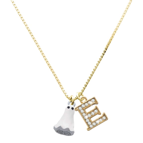 Delight Jewelry Silver-tone 3-D White Ghost with Black Crystals - Large Goldtone Crystal Initial - E - Charm Necklace, 17.5"+2"