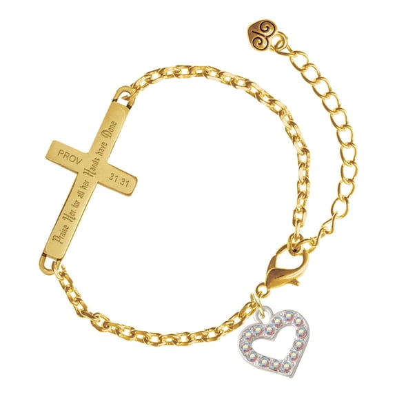 Delight Jewelry Silver-tone AB Crystal Open Heart - Gold Tone Proverbs 31:31 Praise Her for all Her Hands have Done Engraved Cross Charm Bracelet, 6.5+1.5" Extender