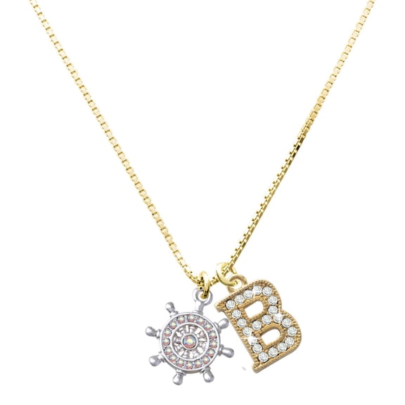 Delight Jewelry Silver-tone AB Crystal Ship Wheel - Direction - Large Goldtone Crystal Initial - B - Charm Necklace, 17.5"+2"