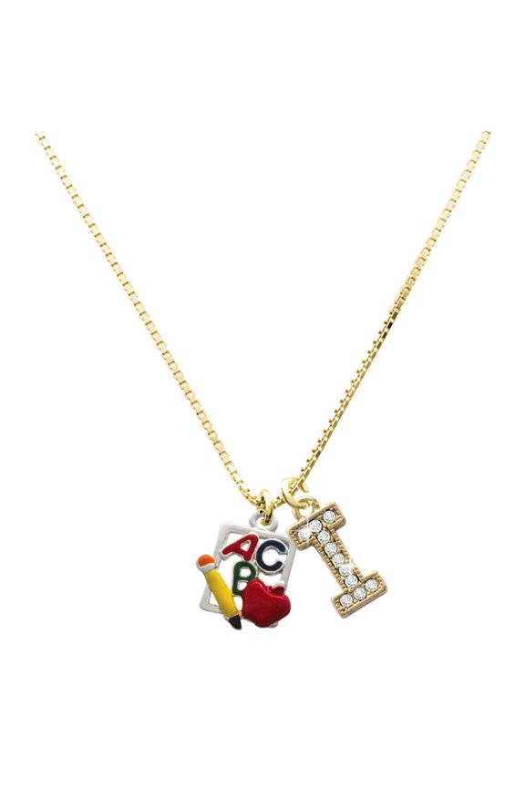 Silver-tone ABC Cutout School Slate - Large Goldtone Crystal Initial - I - Charm Necklace, 17.5"+2"