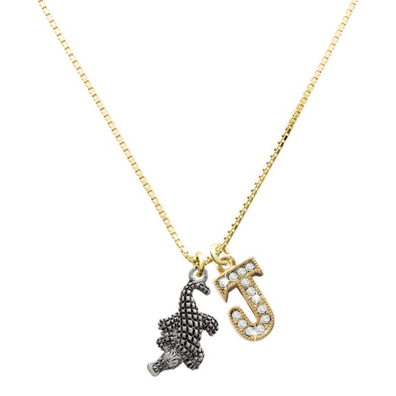 Delight Jewelry Silver-tone Alligator Charm and Goldtone Crystal Initial J Charm Necklace, 17.5"+2"