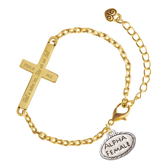 Delight Jewelry Silver-tone Alpha Female Oval - Gold Tone Psalm 46:5 She will not fall Engraved Cross Charm Bracelet, 6.5+1.5" Extender