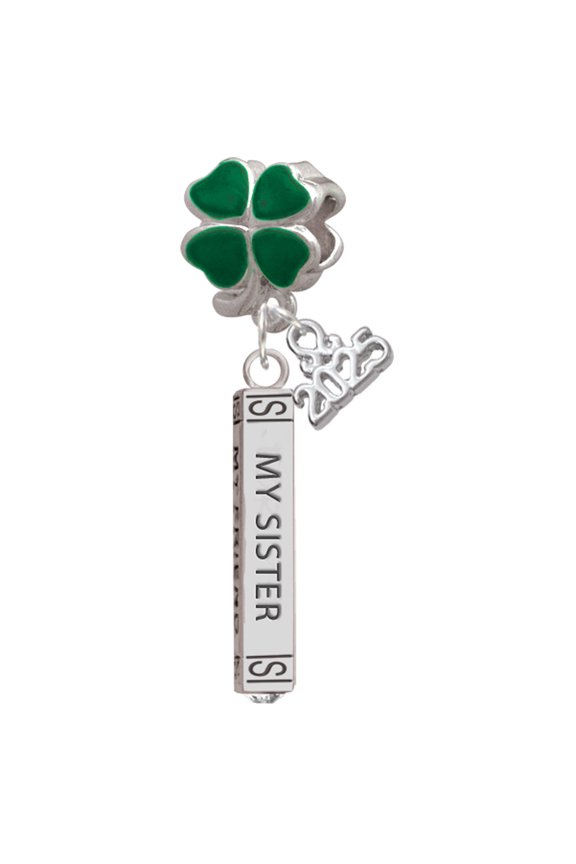 Silver-tone Always My Sister Bar - Good Luck Green Four Leaf Clover Charm Bead Dangle with Mini 2025