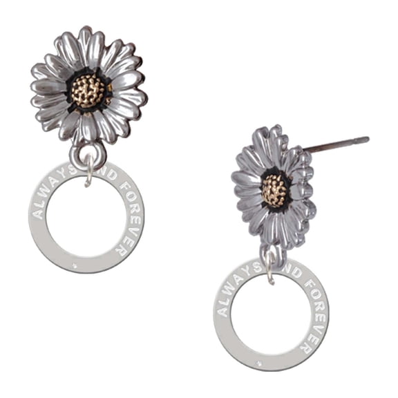 Delight Jewelry Silver-tone Always and Forever Circle Charm on Two-tone Daisy Flower Post Earrings