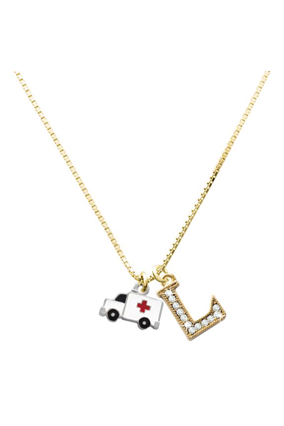 Silver-tone Ambulance with Cross - Large Goldtone Crystal Initial - L - Charm Necklace, 17.5"+2"